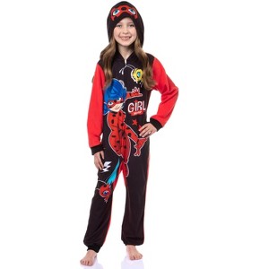 Seven Times Six Miraculous Ladybug Girls Girl Power Full Zip Blanket Sleeper Hooded Pajama Black - 1 of 4