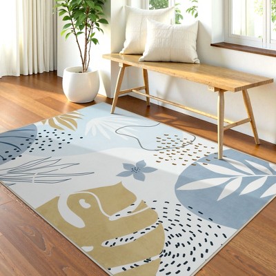 Lahome Machine Washable Area Rugs Non-Slip Large Living Room Rug Boho Botanical Print Ultra-Thin Indoor Rug for Classroom Nursery Dining Room