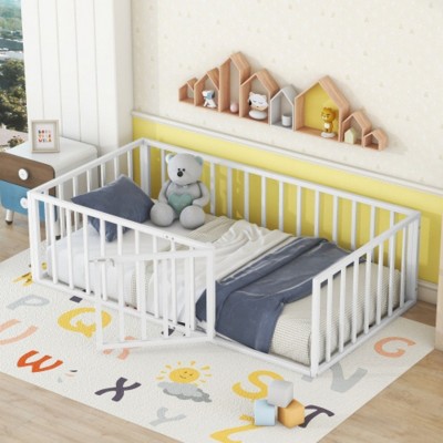 Twin Size Metal Floor Bed Frame with Fence and Door, Black