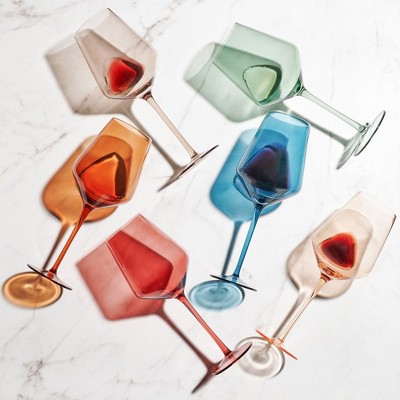 Set of 6 Multi-Colored Hand-Blown Crystal Wine Glasses