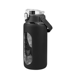 NewHome "64oz Motivational Glass Water Bottle with Time Markers, Straw, Silicone Sleeve & Handle for Gym" Black - 1 of 4