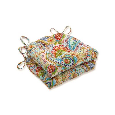 2pk Gilford Festival Reversible Outdoor Chair Pad Blue - Pillow Perfect: Weather-Resistant, Fade-Resistant with Ties