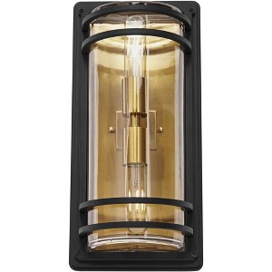 John Timberland Modern Outdoor Wall Light Fixture Black Brass 2-Light Downlight Uplight 16" Clear Glass Exterior House Porch Patio - 1 of 4