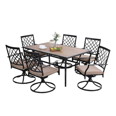7pc Metal Patio Dining Set with Rectangular Faux Wood Table & 6 Swivel Chairs - Captiva Designs