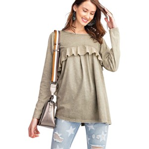 Slickblue Long Sleeve Ruffled Sleeve Oil Washed Knit Tunic, Soft Cotton, Casual Style, Mauve/Faded Olive, Size S-L - 1 of 4