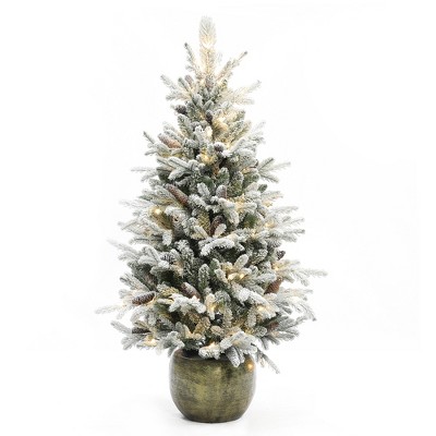 LuxenHome 4.5Ft Pre-Lit Artificial Flocked Pine Tree, Lighted Porch Tree with Pinecones and Rustic Gold Pot Off-White