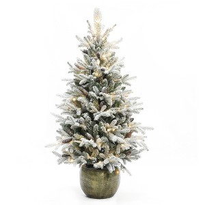 LuxenHome 4.5Ft Pre-Lit Artificial Flocked Pine Tree, Lighted Porch Tree with Pinecones and Rustic Gold Pot Off-White - 1 of 4