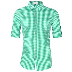 Men's Classic Slim Fit Long Sleeve Plaid Shirt with Button Down Collar Roll-Up Sleeves Soft Cotton Vintage Style Casual Shirt - 1 of 4