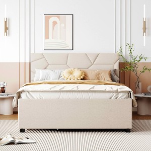 MAYEERTY Full Size Upholstered Platform Bed, Brick Pattern Headboard Twin Trundle Linen Fabric, Bedroom, Beige - 1 of 4