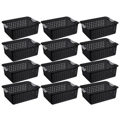 Sterilite Medium Ultra Indoor Home Plastic Storage Organizer Basket Container with Contoured Handles for Cabinets, Shelves, Black (12 Pack)