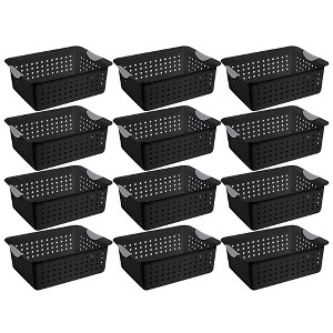 Sterilite Medium Ultra Indoor Home Plastic Storage Organizer Basket Container with Contoured Handles for Cabinets, Shelves, Black (12 Pack) - 1 of 4