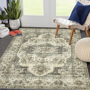 Washable Vintage Medallion Area Rug Non Slip Backing Stain Resistant & Low Pile Carpet for Bedroom Living Room Dining Room Bedroom - 1 of 4