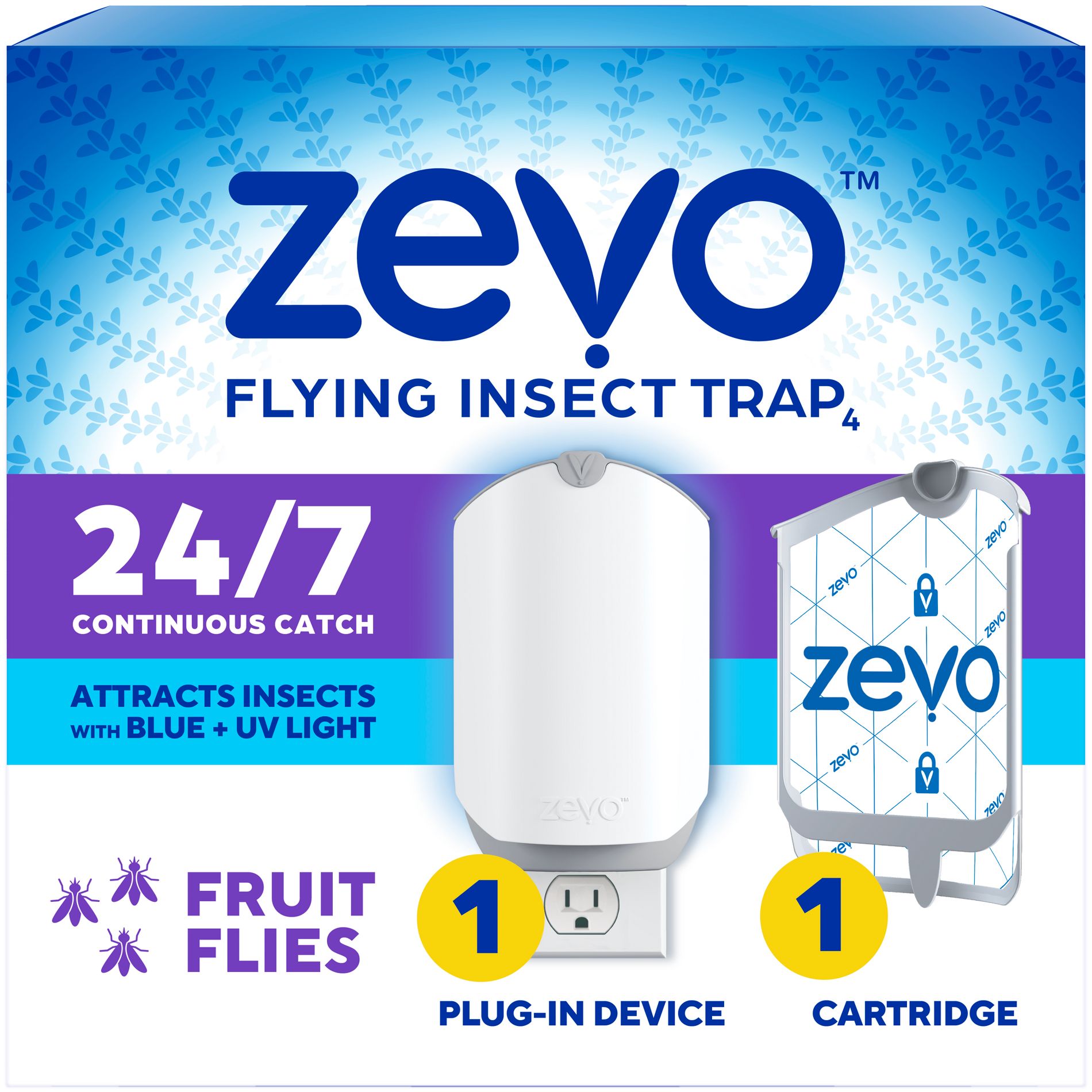 Zevo Flying Insect Indoor Light Fly Trap Starter Kit, Catches House Flies, Fruit Flies, Gnats, & More - 1 Trap + 1 Refill