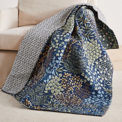 English Forest Navy and Cream Botanical Quilted Throw