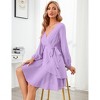 Elegant Dress for Lady Wrap Deep V Neck Dress Long Lantern Sleeve Waist Tie Skater Dress - 3 of 4