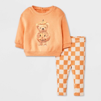 Baby 2pc Teddy Bear Halloween Pumpkin Pullover & Checkered Bottom Set - Orange