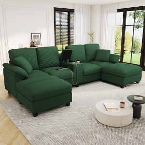 Whisen 116.9" Sectional Sofa, Modern U-Shaped Sectional Sofa, Corduroy Upholstered Couch with Ottomans, Cup Holders - 1 of 4