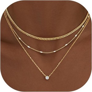 Layered Gold Necklace Set for Women, 14K Gold/Silver Plated CZ Circle Pendant & Cuban Chain - 1 of 4