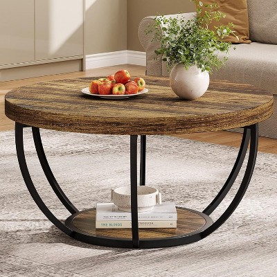 Kumasinova Round 2-Tier Coffee Table with Thickened MDF Top&Storage,Modern Accent Cocktail Table with Black Metal Top for Living Room,Brown