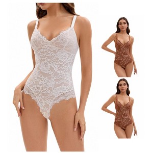 INSPIRE CHIC 3 Packs Women's V-Neck Tummy Control Bodysuit Sleeveless Floral Lace Leotard Body Shapers - 1 of 4