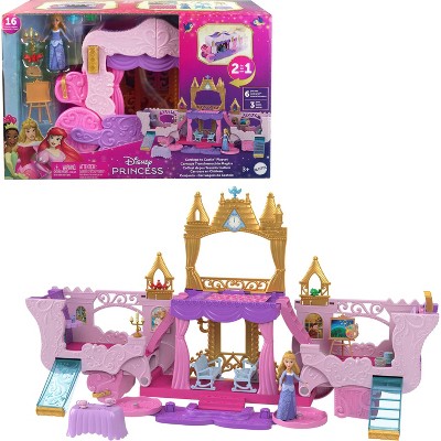 Disney Princess Carriage to Castle Transforming Playset 18pc with Aurora Small Doll, 4 Figures & 3 Levels