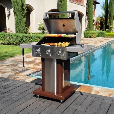 Mocha Stainless Steel 3-Burner Propane Gas Grill with Foldable Side Tables