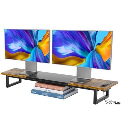 Simple Trending Dual Monitor Stand Riser with 2 USB Charging Ports, Wood Computer Desk Organizer for 2 Monitors,Extra Long TV Stand for Laptop Office