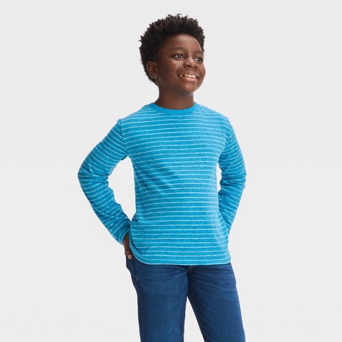 Boys' Long Sleeve Feeder Striped T-Shirt - Cat & Jack™ Aqua Blue XS