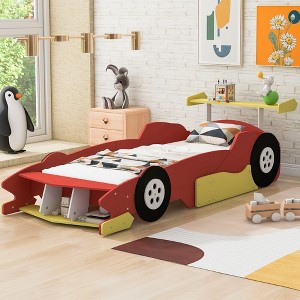NicBex Twin Size Race Car-Shaped Platform Bed Frame with Wheels,Solid Wood Slats Support,No Box Spring Needed,Easy Assembly,Red - 1 of 4