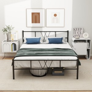 IULULU Bed Frame with Headboard, Noise-Free Slat Mattress Foundation, No Box Spring Required, Black - 1 of 4