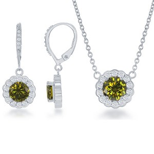 Bella Silver Sterling Silver July Birthstone w/ CZ Border Round Earrings and 18" Pendant Necklace Set - 1 of 2