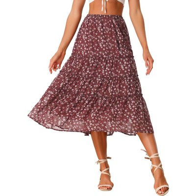 Allegra K Women's Floral Elastic Waist Tiered Ruffle Boho Midi Skirts ...