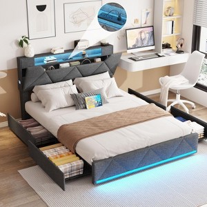Bed Frame with Storage Headboard, 4 Drawers, Charging Station and Led Lights - 1 of 4