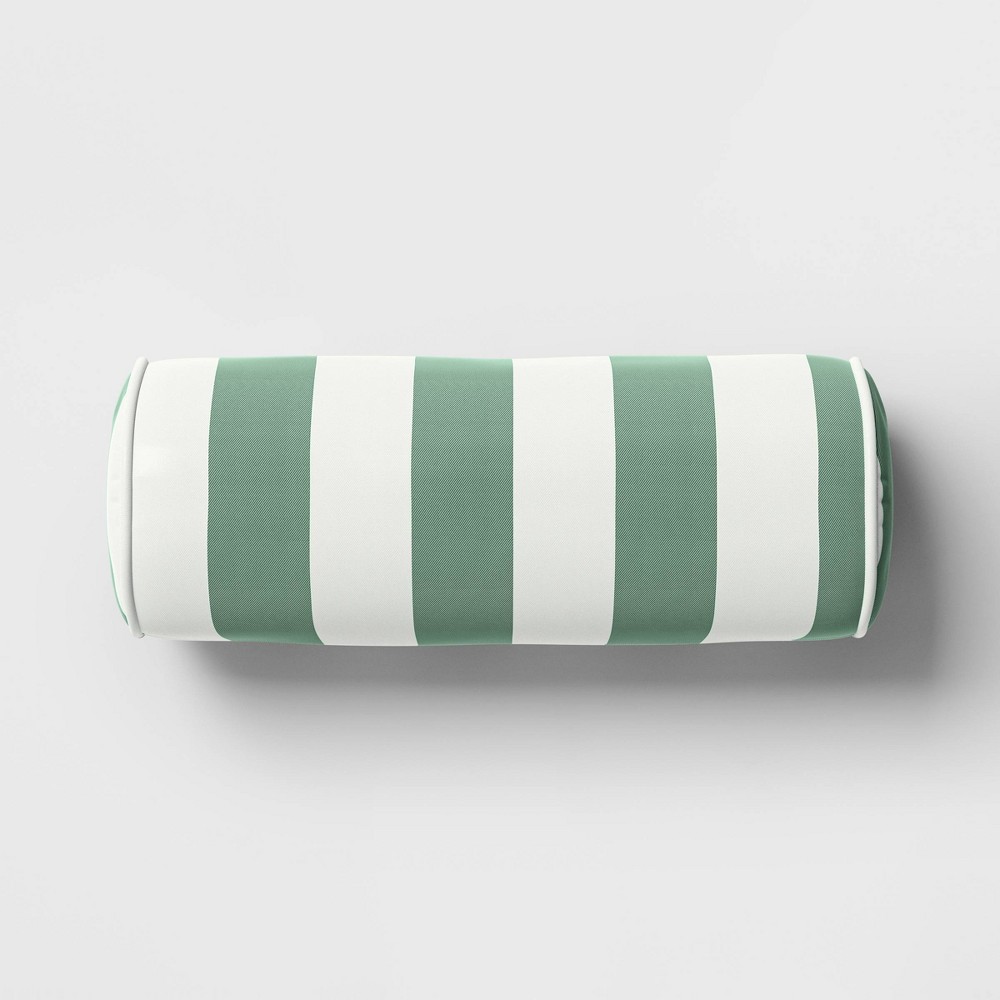 Photos - Pillow 20"x8" Striped Cylinder Outdoor Bolster  with Contrast Piping Green