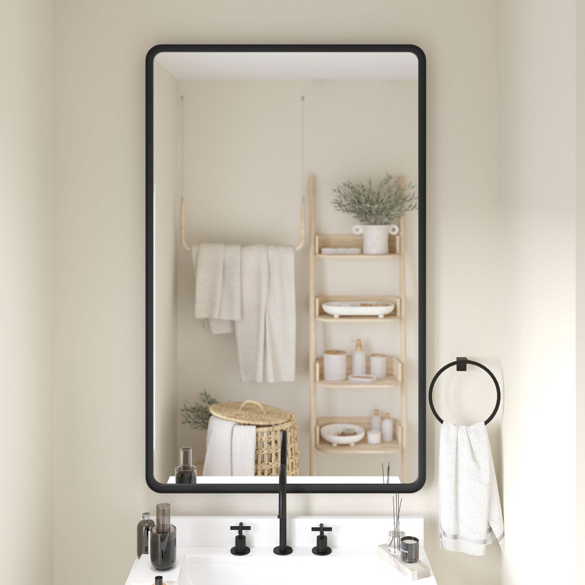 Emma and Oliver 48" x 30" Rectangular Wall Mirror with Black Frame and Silver Backed Glass for Clarity for Entryways, Bathrooms & More