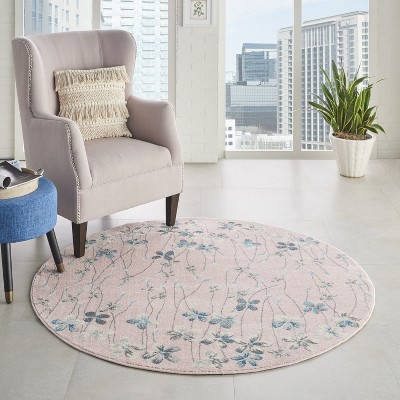 Blushing Blossom 63'' Round Pink Floral Easy-Care Area Rug