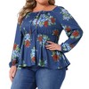Women's Plus Size Floral Tie Keyhole Neck Long Sleeve Casual Peplum Blouse - Agnes Orinda - 2 of 4