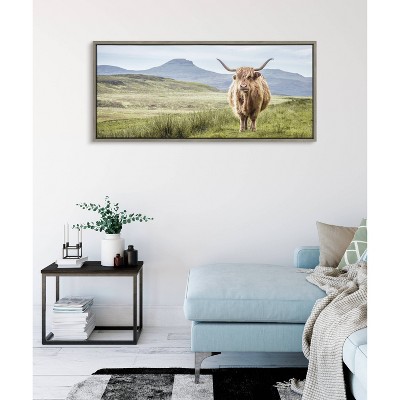 Highland Cow Mountain Landscape Canvas Art with Gray Frame