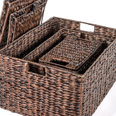 Handwoven Dark Brown Hyacinth Storage Basket Set with Iron Frame