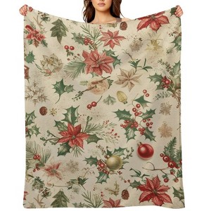 FIONECA Nostalgic Christmas Blanket with Poinsettia Holly and Ornament Pattern Light Cream Background 40x50 inches - 1 of 4