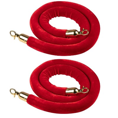 Juvale 2 Pack Red Velvet Stanchion Rope Crowd Control Barrier with Polished Gold Hooks, 5 Feet