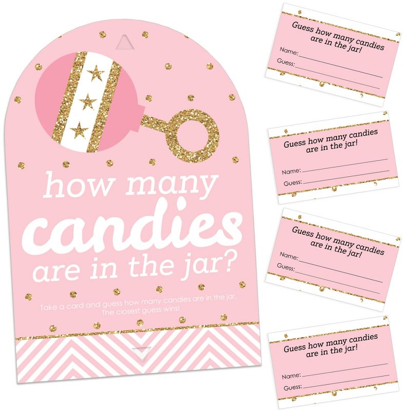 Big Dot of Happiness Hello Little One - Pink and Gold - How Many Candies Girl Baby Shower Game - 1 Stand and 40 Cards - Candy Guessing Game, 1 of 9