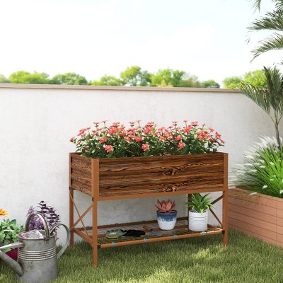 Dark Brown Galvanized Metal Raised Garden Bed with Storage Shelf