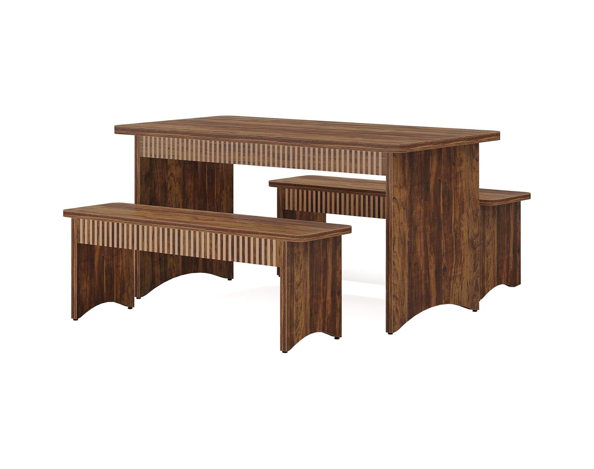 Tribesigns Farmhouse 3-Piece Dining Table Set, 55" Dining Room Table with 2 Benches for 4-6 People, Brown