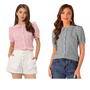 INSPIRE CHIC Women's Plaid Gingham Puff Short Sleeve Peter Pan Collar Button Down Shirt 2 Packs - 1 of 4