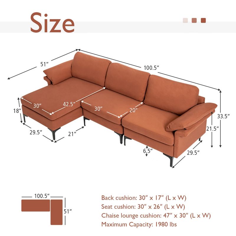 Costway L-shaped Modern Modular Sectional Sofa w/ Reversible Chaise & 2 USB Ports, 4 of 11