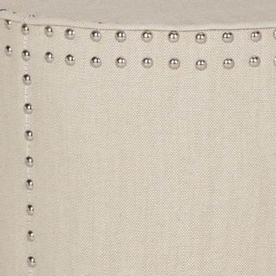 Beige Round Linen Ottoman with Nail Head Trim