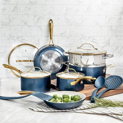 Navy and Gold 15-Piece Nonstick Stainless Steel Cookware Set