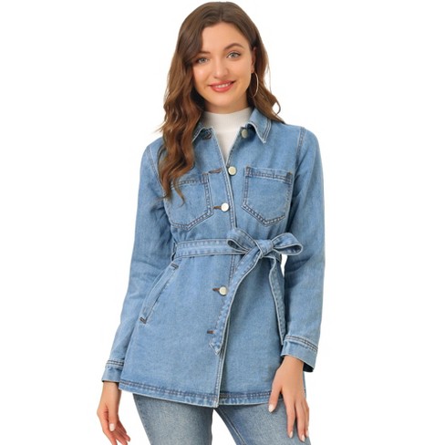 Allegra K Women's Turn Down Frayed Button Down Washed Cropped Denim Jacket  Light Blue X-Large