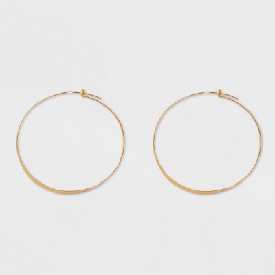 Large Gold Circle Earrings - simple thin hoop on latching kidney